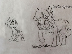 Size: 682x511 | Tagged: safe, artist:jellymaggot, ocellus, sweetie belle, changedling, changeling, insect, g4, drawthread, duo, grayscale, horror, monochrome, onomatopoeia, request, sketch, traditional art