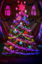 Size: 3360x5120 | Tagged: safe, artist:darksly, applejack, fluttershy, pinkie pie, rainbow dash, rarity, starlight glimmer, sunset shimmer, trixie, twilight sparkle, g4, christmas, christmas tree, cutie mark, holiday, mane six, no pony, tree, twilight's castle