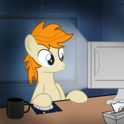 Size: 2500x2500 | Tagged: safe, artist:pizzamovies, oc, oc only, oc:pizzamovies, pony, computer, computer mouse, high res, male, mug, solo, tissue, tissue box, window