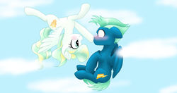 Size: 1024x539 | Tagged: safe, artist:mimicproductions, sky stinger, vapor trail, pegasus, pony, g4, blushing, boop, cloud, cute, duo, female, flying, male, mare, ship:vaporsky, shipping, shrunken pupils, sky, smiling, spread wings, stallion, straight, upside down, wings