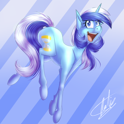 Size: 1024x1024 | Tagged: safe, artist:pocketyhat, minuette, pony, unicorn, g4, abstract background, cutie mark, eye clipping through hair, female, happy, mare, open mouth, pronking, solo