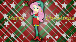Size: 6830x3840 | Tagged: safe, artist:legendaryspider, fluttershy, elf, equestria girls, g4, bedroom eyes, bells, christmas, clothes, elf costume, elf hat, female, hand on hip, hat, hearth's warming eve, holiday, holly, leggings, legs, looking at you, mistletoe, shoes, show accurate, simple background, skirt, smiling, solo, watermark, wrapping paper
