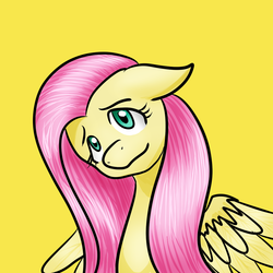 Size: 1024x1024 | Tagged: safe, artist:pocketyhat, fluttershy, pegasus, pony, g4, bust, female, floppy ears, head tilt, mare, simple background, solo, spread wings, wavy mouth, wings, yellow background