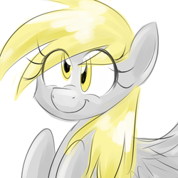 Size: 1024x1024 | Tagged: safe, artist:pocketyhat, derpy hooves, pegasus, pony, g4, eye clipping through hair, female, looking at you, mare, simple background, smiling, solo, white background