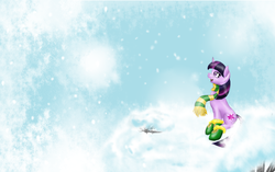 Size: 1280x802 | Tagged: safe, artist:pocketyhat, twilight sparkle, pony, unicorn, g4, clothes, cloud, female, hoof boots, mare, open mouth, scarf, sitting, snow, solo, unicorn twilight, wallpaper