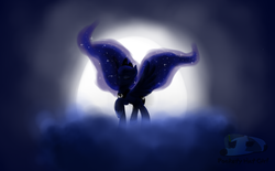 Size: 1280x793 | Tagged: safe, artist:pocketyhat, princess luna, alicorn, pony, g4, cloud, ethereal mane, female, jewelry, mare, moon, raised hoof, regalia, silhouette, solo, spread wings, starry mane, wings