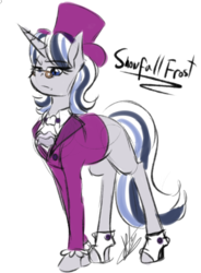 Size: 438x594 | Tagged: safe, artist:pocketyhat, snowfall frost, pony, unicorn, blank flank, clothes, female, glasses, hat, looking at you, mare, raised eyebrow, shoes, sidemouth, simple background, sneer, solo, spats, top hat, white background