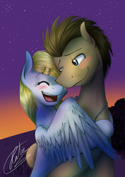 Size: 826x1169 | Tagged: safe, artist:pocketyhat, derpy hooves, doctor whooves, time turner, earth pony, pegasus, pony, g4, blushing, dusk, eyes closed, female, hairpin, hairpin derpy, happy, hug, jewelry, male, mare, necklace, ship:doctorderpy, shipping, smiling, stallion, stars, straight, twilight (astronomy)