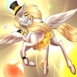 Size: 1024x1024 | Tagged: safe, artist:pocketyhat, derpy hooves, pegasus, pony, g4, abstract background, ballerina, bowtie, bracelet, bubble, clothes, cutie mark, dress, eye clipping through hair, female, flying, hairpin, hairpin derpy, hat, jewelry, mare, smiling, solo, top hat, tutu