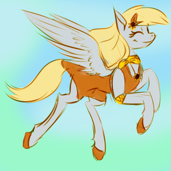 Size: 1024x1024 | Tagged: safe, artist:pocketyhat, derpy hooves, pegasus, pony, g4, abstract background, clothes, colored hooves, cute, dress, eyes closed, female, flower, flower in hair, flying, hairpin derpy, mare, neckerchief, smiling, solo