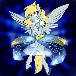 Size: 1024x1024 | Tagged: safe, artist:pocketyhat, derpy hooves, pegasus, pony, g4, abstract background, clothes, cutie mark, dress, eye clipping through hair, female, flying, hairpin derpy, jewelry, mare, slippers, solo, tiara