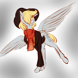 Size: 1024x1024 | Tagged: safe, artist:pocketyhat, derpy hooves, pegasus, pony, g4, clothes, cutie mark, female, gradient background, hair over one eye, hairpin derpy, hat, jacket, mare, scarf, solo, spread wings, wings