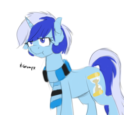 Size: 670x622 | Tagged: safe, artist:pocketyhat, minuette, pony, unicorn, g4, alternate hairstyle, clothes, cutie mark, female, floppy ears, grumpy, mare, scarf, simple background, solo, white background