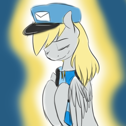 Size: 600x600 | Tagged: safe, artist:pocketyhat, derpy hooves, pegasus, pony, g4, abstract background, clothes, eyes closed, female, hat, mare, scarf, scarf derpy, smiling, solo