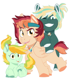 Size: 891x1001 | Tagged: safe, artist:dbkit, dumbbell, rainbow dash, oc, oc:cherry bomber, oc:hightide, oc:kite runner, earth pony, pegasus, pony, 2019 community collab, derpibooru community collaboration, g4, colt, female, filly, headband, jewelry, looking at you, male, necklace, new, next generation, offspring, one eye closed, parent:dumbbell, parent:rainbow dash, parents:dumbdash, siblings, simple background, transparent background, trio, wink