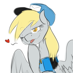 Size: 700x700 | Tagged: safe, artist:pocketyhat, derpy hooves, pegasus, pony, g4, clothes, female, hat, heart, mare, scarf, scarf derpy, solo, spread wings, tongue out, wings