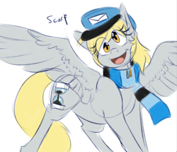 Size: 660x568 | Tagged: safe, artist:pocketyhat, part of a set, derpy hooves, pegasus, pony, g4, alternate cutie mark, clothes, doctor who, female, happy, hat, mare, open mouth, scarf, scarf derpy, simple background, solo, spread wings, white background, wings
