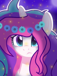 Size: 768x1024 | Tagged: safe, artist:mlpcotton-candy-pone, oc, oc only, oc:magical melody, pony, unicorn, bust, female, floral head wreath, flower, mare, night, portrait, solo