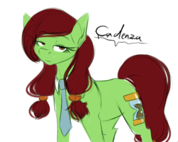 Size: 749x597 | Tagged: safe, artist:pocketyhat, part of a set, oc, oc only, oc:cadenza, earth pony, pony, cutie mark, doctor who, female, lidded eyes, looking at you, mare, necktie, pigtails, simple background, solo, white background