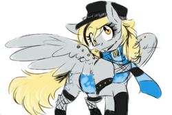 Size: 880x590 | Tagged: safe, artist:pocketyhat, derpy hooves, pegasus, pony, g4, black lipstick, bracelet, clothes, cutie mark, dress, female, fishnet stockings, hat, highlights, jewelry, lipstick, mare, mascara, piercing, scarf, scarf derpy, simple background, socks, solo, spiked wristband, spread wings, white background, wing piercing, wings, wristband