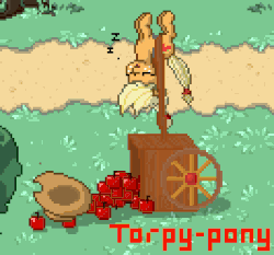 Size: 532x496 | Tagged: safe, artist:torpy-ponius, applejack, earth pony, pony, pony town, g4, animated, apple, cart, cowboy hat, cute, dirt, eyes closed, female, food, gif, grass, hair, hat, mare, missing accessory, open mouth, pixel art, silly, silly pony, sleeping, smiling, solo, stetson, trail, upside down, wagon, wheel, who's a silly pony, zzz