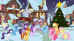 Size: 960x540 | Tagged: safe, artist:林健燊, applejack, bon bon, derpy hooves, fluttershy, lyra heartstrings, pinkie pie, rainbow dash, rarity, starlight glimmer, sunset shimmer, sweetie drops, trixie, twilight sparkle, alicorn, pony, g4, christmas, christmas tree, hearth's warming, holiday, mane six, snow, tree, twilight sparkle (alicorn)