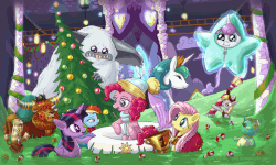 Size: 1100x660 | Tagged: safe, artist:alexmakovsky, derpy hooves, discord, fluttershy, holly the hearths warmer doll, pinkie pie, prince rutherford, princess celestia, princess flurry heart, rainbow dash, twilight sparkle, alicorn, earth pony, pegasus, pony, winterchilla, winterzilla, yak, best gift ever, g4, animated, candle, candy, candy cane, christmas, christmas tree, cookie, female, filly, food, gif, holiday, male, mare, pool toy, pudding, puddinghead's pudding, stallion, star flurry heart, tree, trophy, twilight sparkle (alicorn)