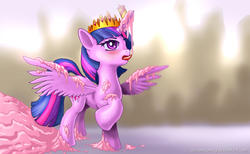 Size: 2000x1233 | Tagged: safe, artist:alexmakovsky, twilight sparkle, alicorn, pony, g4, my little pony: the movie, blushing, cake, candle, crown, female, food, jewelry, mare, messy, regalia, solo, tongue out, twilight sparkle (alicorn)