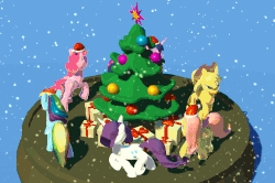 Size: 841x559 | Tagged: safe, artist:alexmakovsky, applejack, fluttershy, pinkie pie, rainbow dash, rarity, twilight sparkle, alicorn, earth pony, pegasus, pony, unicorn, g4, 3d, animated, christmas, christmas tree, female, gif, hat, holiday, mane six, mare, present, santa hat, tree, twilight sparkle (alicorn)