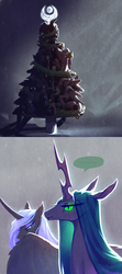 Size: 930x2104 | Tagged: safe, artist:begasus, nightmare moon, queen chrysalis, changedling, changeling, g4, ..., christmas, christmas tree, female, holiday, lesbian, ship:chrysmoon, shipping, tree