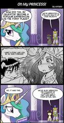 Size: 800x1540 | Tagged: safe, artist:uotapo, princess celestia, alicorn, earth pony, pegasus, pony, g4, ah my goddess, comic, cute, cutelestia, kikuko inoue, voice actor joke