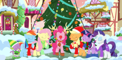 Size: 3492x1718 | Tagged: safe, artist:porygon2z, applejack, fluttershy, pinkie pie, rainbow dash, rarity, spike, twilight sparkle, dragon, earth pony, pegasus, pony, unicorn, g4, bell, candy, candy cane, christmas, christmas outfit, female, food, hearth's warming, hearth's warming tree, holiday, male, mane seven, mane six, red nose, singing, snow, song, tree, unicorn twilight, wreath