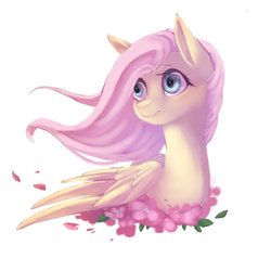 Size: 768x768 | Tagged: safe, artist:watawata_pony, fluttershy, pegasus, pony, g4, bust, female, flower, flower petals, looking away, mare, portrait, simple background, solo, turned head, white background, windswept mane, wings