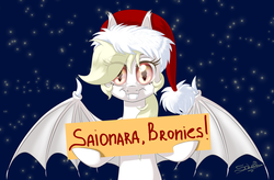 Size: 1000x656 | Tagged: safe, artist:unisoleil, oc, oc only, oc:albi light wing, bat pony, pony, christmas, female, hat, holiday, mare, night, santa hat, sign, solo