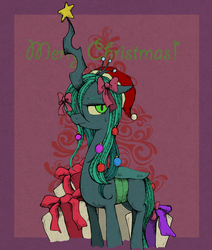 Size: 1200x1414 | Tagged: dead source, safe, artist:awk44, queen chrysalis, changeling, changeling queen, g4, christmas, christmas changeling, female, hat, holiday, looking at you, present, santa hat, solo