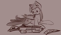 Size: 1620x937 | Tagged: safe, artist:itspencilguy, oc, oc only, oc:tailwind, pegasus, pony, fallout equestria, fallout equestria: frozen skies, cutie mark, energy weapon, fanfic art, female, gun, hooves, laser rifle, looking at something, lying down, magical energy weapon, mare, monochrome, prone, sketch, smiling, solo, weapon, wings