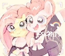 Size: 859x731 | Tagged: safe, artist:poneko-chan, fluttershy, pinkie pie, earth pony, pony, g4, bag, camera shot, clothes, duo, female, hug, japanese, mare, smiling