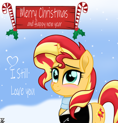 Size: 2300x2400 | Tagged: safe, artist:theretroart88, sunset shimmer, pony, unicorn, g4, my little pony: the movie, blushing, christmas, clothes, female, high res, holiday, holly, jacket, looking at you, mare, merry christmas, scarf, smiling