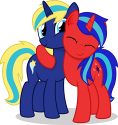 Size: 2500x2650 | Tagged: safe, artist:arifproject, oc, oc only, oc:octavian fall, oc:sparkling star, pony, unicorn, 2019 community collab, derpibooru community collaboration, duo, eyes closed, high res, hug, simple background, transparent background, vector