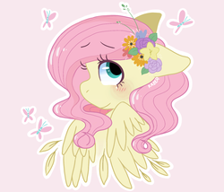 Size: 1400x1200 | Tagged: safe, artist:kazeronda, fluttershy, butterfly, pegasus, pony, g4, blushing, bust, cute, female, floppy ears, flower, flower in hair, hair ornament, looking away, looking up, mare, outline, pink background, portrait, profile, shyabetes, simple background, solo, white outline, wings