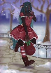 Size: 2894x4093 | Tagged: safe, artist:alexa1alexa, oc, oc only, changeling, anthro, anthro oc, boots, breasts, changeling oc, cleavage, clothes, dress, female, one eye closed, shoes, snow, socks, solo, wink