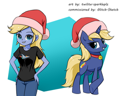 Size: 1300x1000 | Tagged: safe, artist:twilite-sparkleplz, oc, oc only, pony, equestria girls, g4, christmas, clothes, commission, female, hat, holiday, mare, pants, santa hat, shirt
