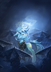Size: 1024x1434 | Tagged: safe, artist:ramiras, lyra heartstrings, pony, unicorn, fanfic:background pony, clothes, crying, dig the swell hoodie, eyes closed, fanfic, fanfic art, fanfic cover, female, hoodie, mare, rain, solo focus, sweater, umbrella