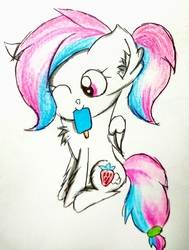 Size: 2079x2756 | Tagged: safe, artist:sumi-mlp25, oc, oc only, oc:strawberry breeze, pegasus, pony, cute, food, high res, one eye closed, ponytail, popsicle, simple background, solo, traditional art, wink
