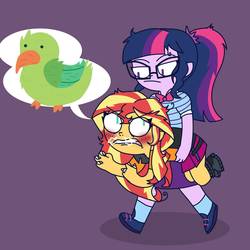 Size: 1378x1378 | Tagged: safe, artist:psychodiamondstar, sci-twi, sunset shimmer, twilight sparkle, parakeet, equestria girls, equestria girls specials, g4, my little pony equestria girls: better together, my little pony equestria girls: rollercoaster of friendship, angry, duo, female, it's not about the parakeet, lesbian, ship:sci-twishimmer, ship:sunsetsparkle, shipping, unamused