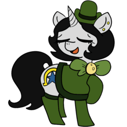Size: 1200x1200 | Tagged: safe, artist:ficficponyfic, color edit, derpibooru exclusive, edit, editor:methidman, editor:minus, oc, oc only, oc:ficficponyfic, oc:joyride, pony, unicorn, 2019 community collab, colt quest, derpibooru community collaboration, adult, bowler hat, bowtie, clothes, color, colored, cutie mark, ear piercing, eyes closed, female, hat, horn, leggings, mantle, mare, omega, open mouth, piercing, simple background, smiling, solo, stars, transparent background