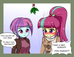 Size: 1000x776 | Tagged: safe, artist:twilite-sparkleplz, sour sweet, sunny flare, human, equestria girls, g4, blushing, clothes, comically missing the point, female, holly, holly mistaken for mistletoe, lesbian, oblivious, scarf, sexually oblivious, shipping, sourdere, sourflare, sweater, tsundere
