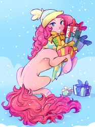 Size: 1919x2567 | Tagged: safe, artist:1an1, pinkie pie, earth pony, pony, g4, christmas, clothes, female, holiday, mare, present, scarf, solo