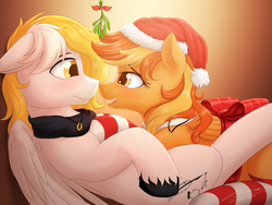 Size: 2828x2121 | Tagged: safe, artist:novaintellus, oc, oc only, oc:serenity, oc:white feather, pegasus, pony, female, high res, looking at each other, mistletoe, serenither, smiling