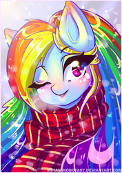 Size: 2893x4092 | Tagged: safe, artist:minamikoboyasy, rainbow dash, pegasus, pony, g4, anime, blushing, clothes, female, heart eyes, lips, mare, one eye closed, open mouth, red scarf, scarf, solo, url, watermark, wingding eyes, wink